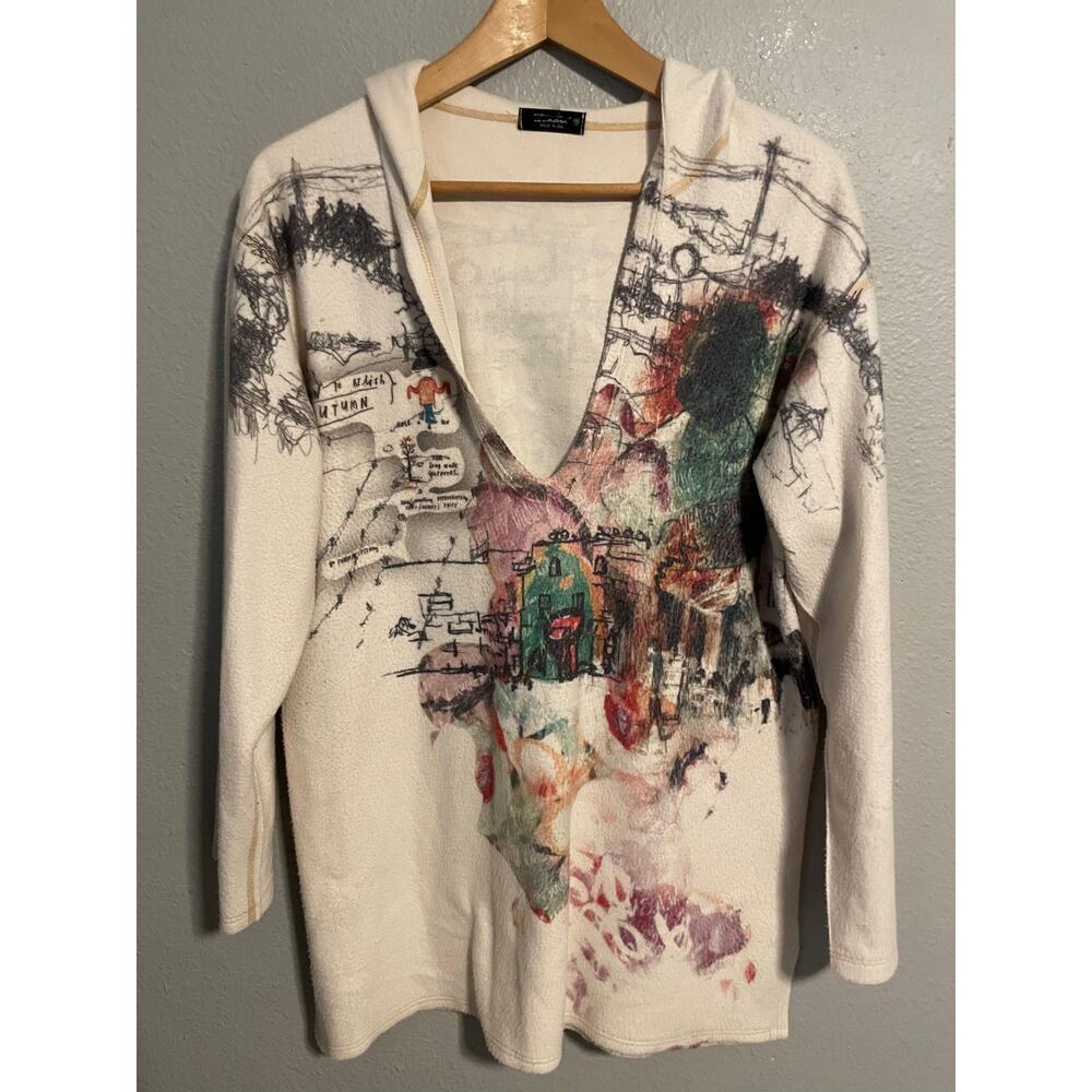 Inoah Tunic Sweater Womens Medium Hooded White City Graphic USA Boho Art To Wear